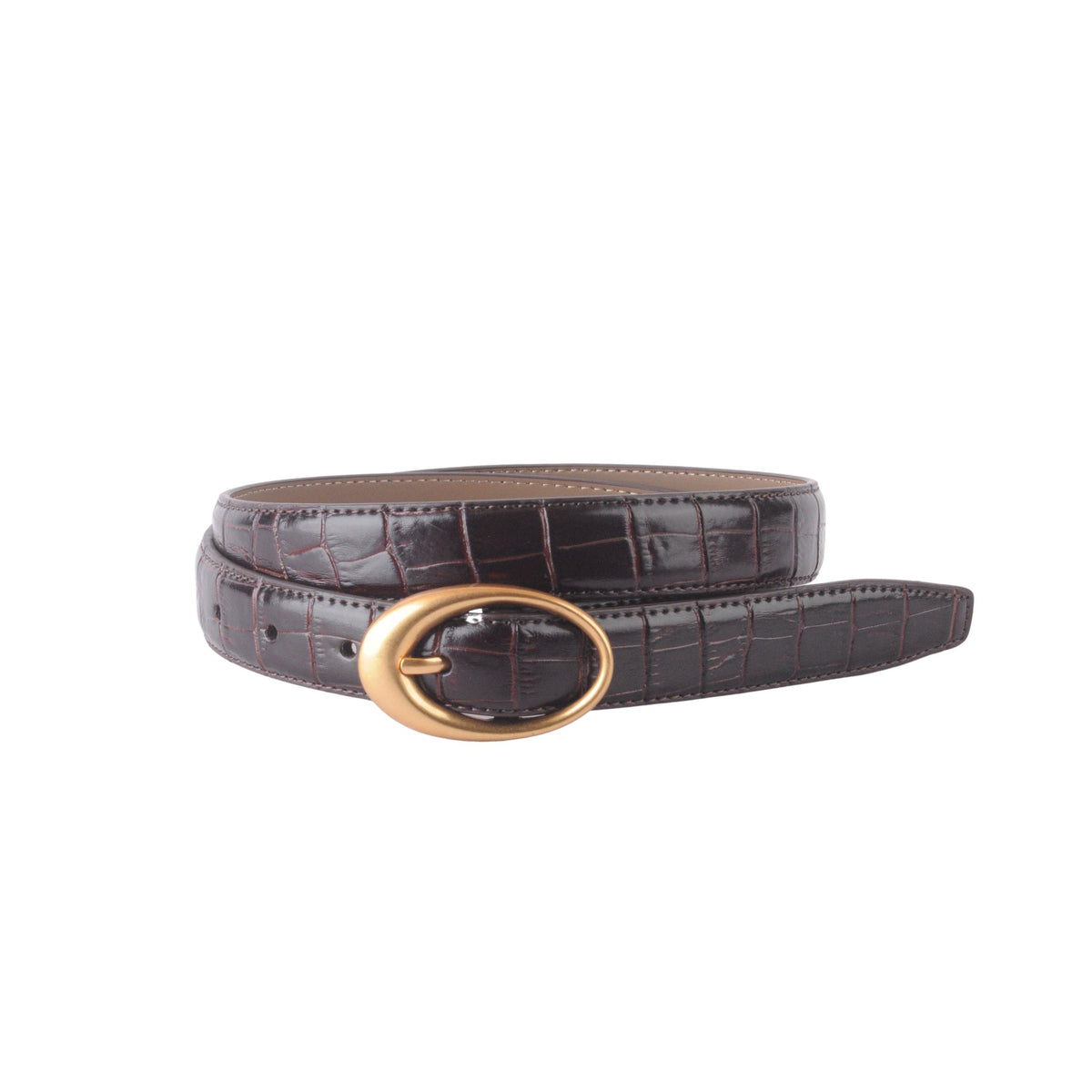 CROCO STITCHED BELT WITH OVAL BUCKLE | BROWN