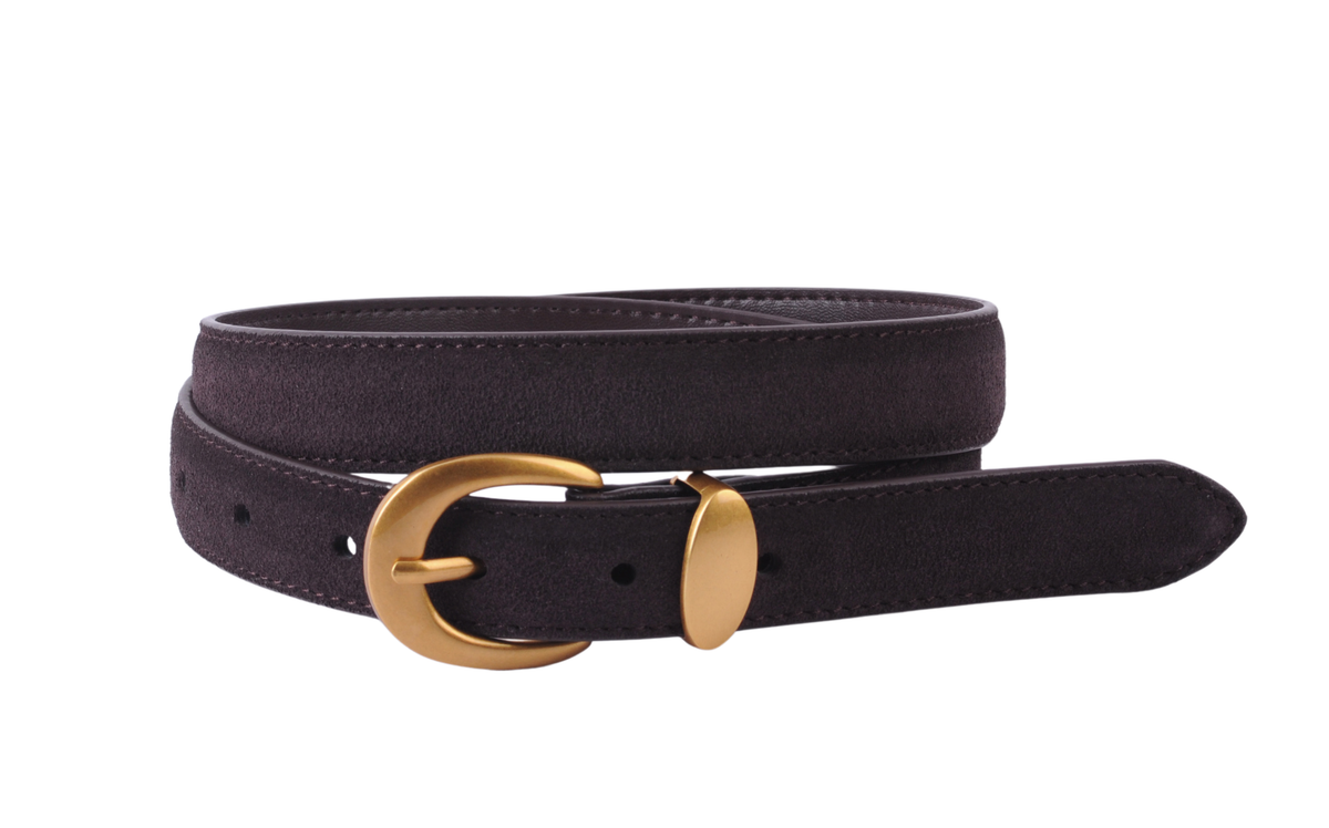 SUEDE BELT WITH CURVED GOLD BUCKLE | CHOCOLATE
