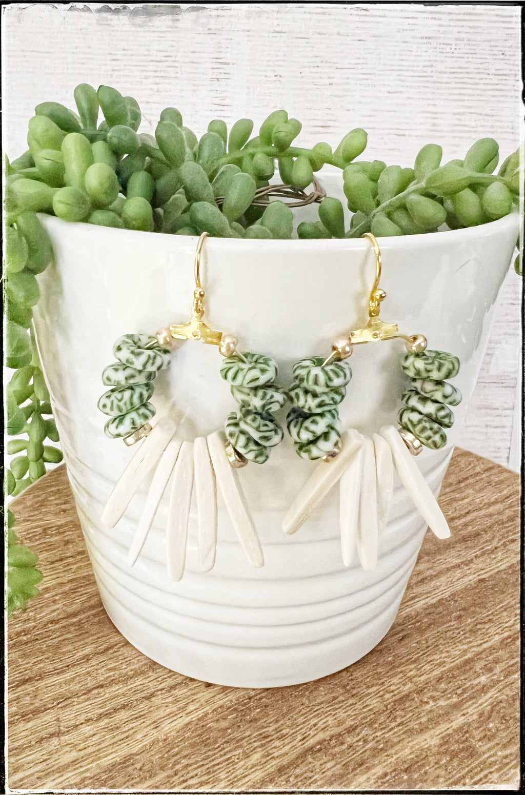 GENTRY BY JENNA | COCONUT WOOD + GREEN GLASS BEAD EARRING